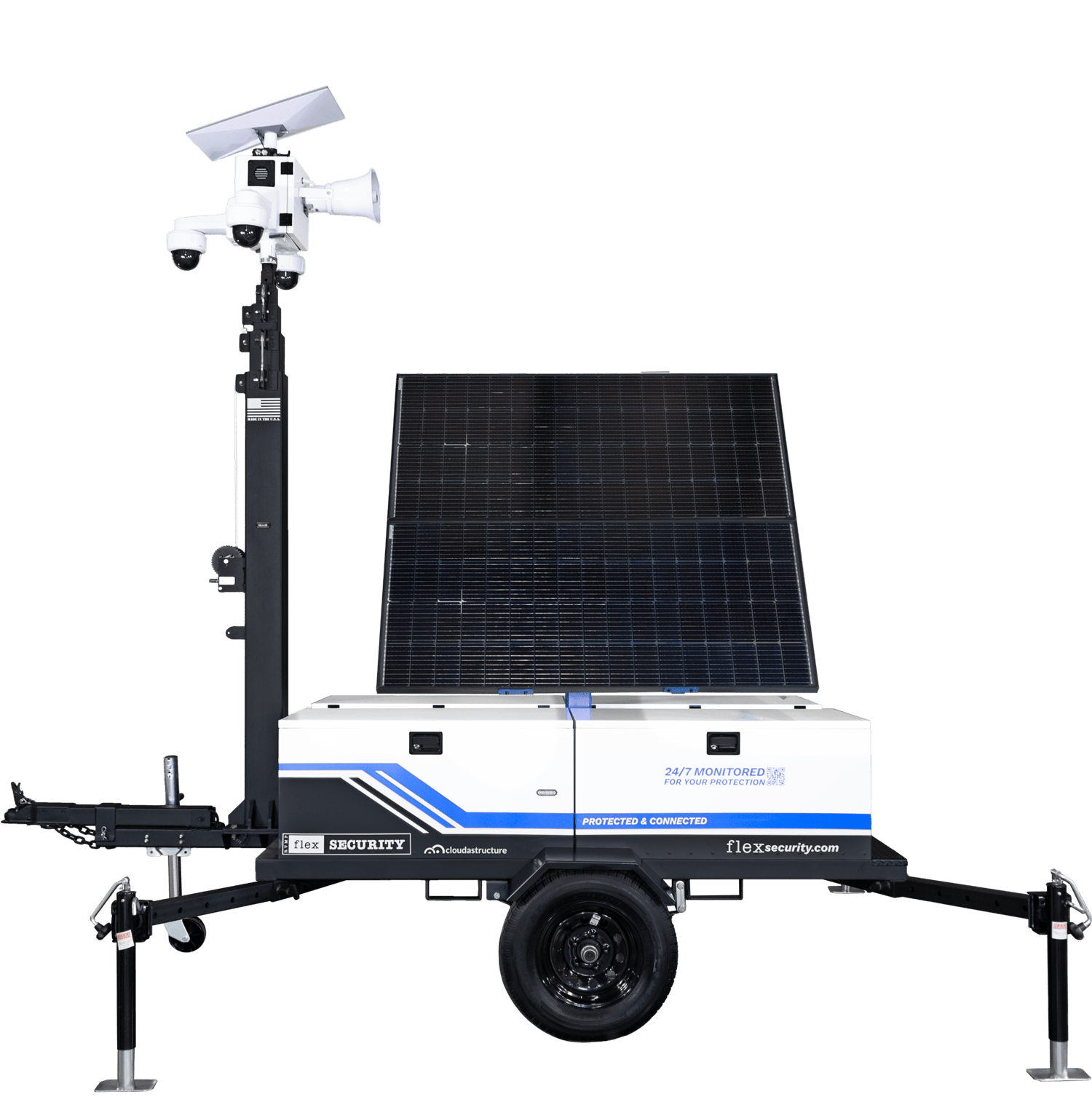 RVMP Flex Security Alpha product - trailer jacks down solar in transport mode
