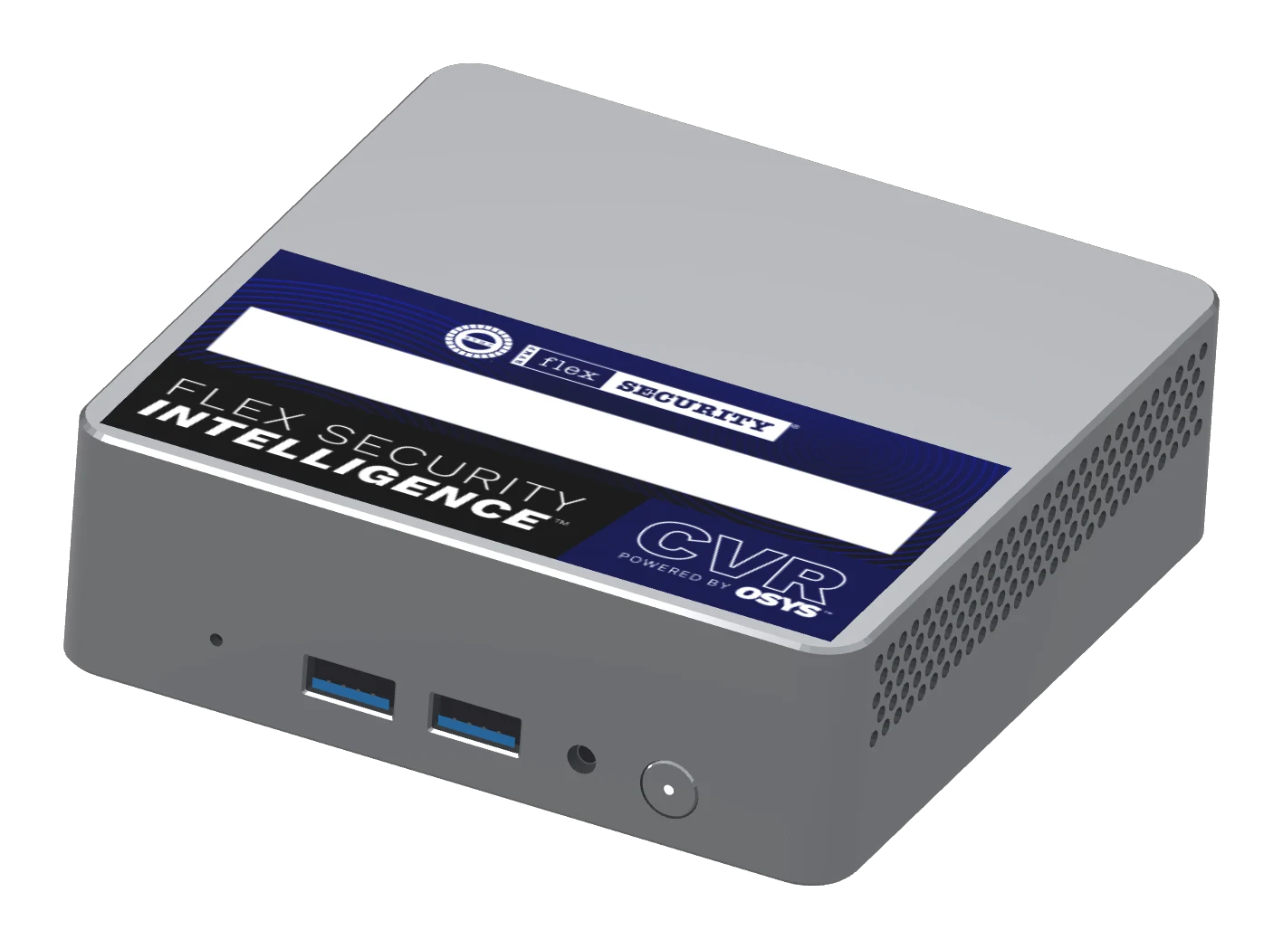 OSYS continuous video recorder by Flex Security — a silver enclosure with the Flex Security Intelligence CVR sticker on its lid, shown from the front at a three-quarter angle